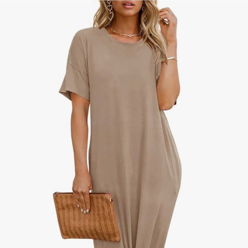 MAX STUDIO Weekend Khaki Short Sleeve Midi Shift Dress Large Hand Pockets